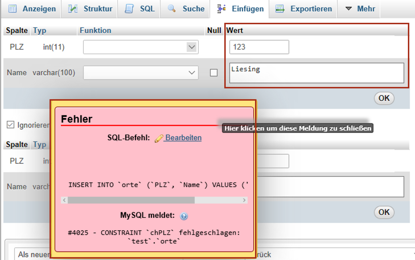 Der versuch mit PLZ 123: Schlägt fehl